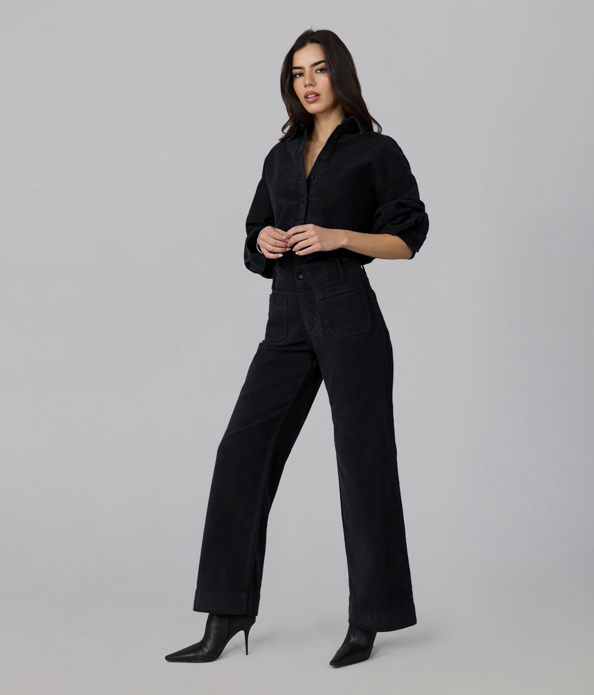 COLETTE-CBLK High Rise Wide Leg Corduroy Jeans