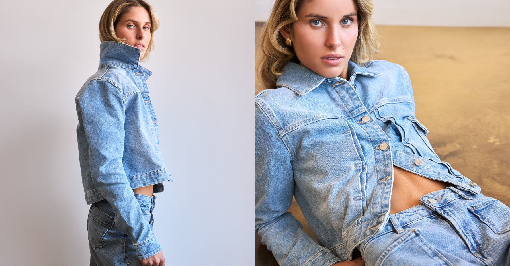 Woman wearing a denim jacket and jeans against a neutral background